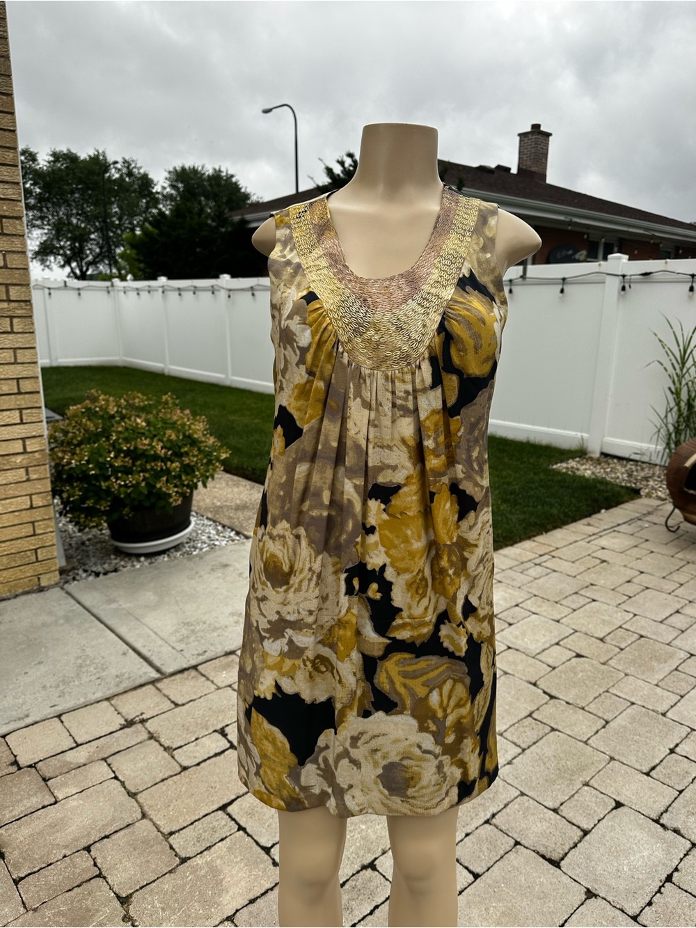 Beth Bowley sleeveless silk dress  yellow and brown floral print size 4